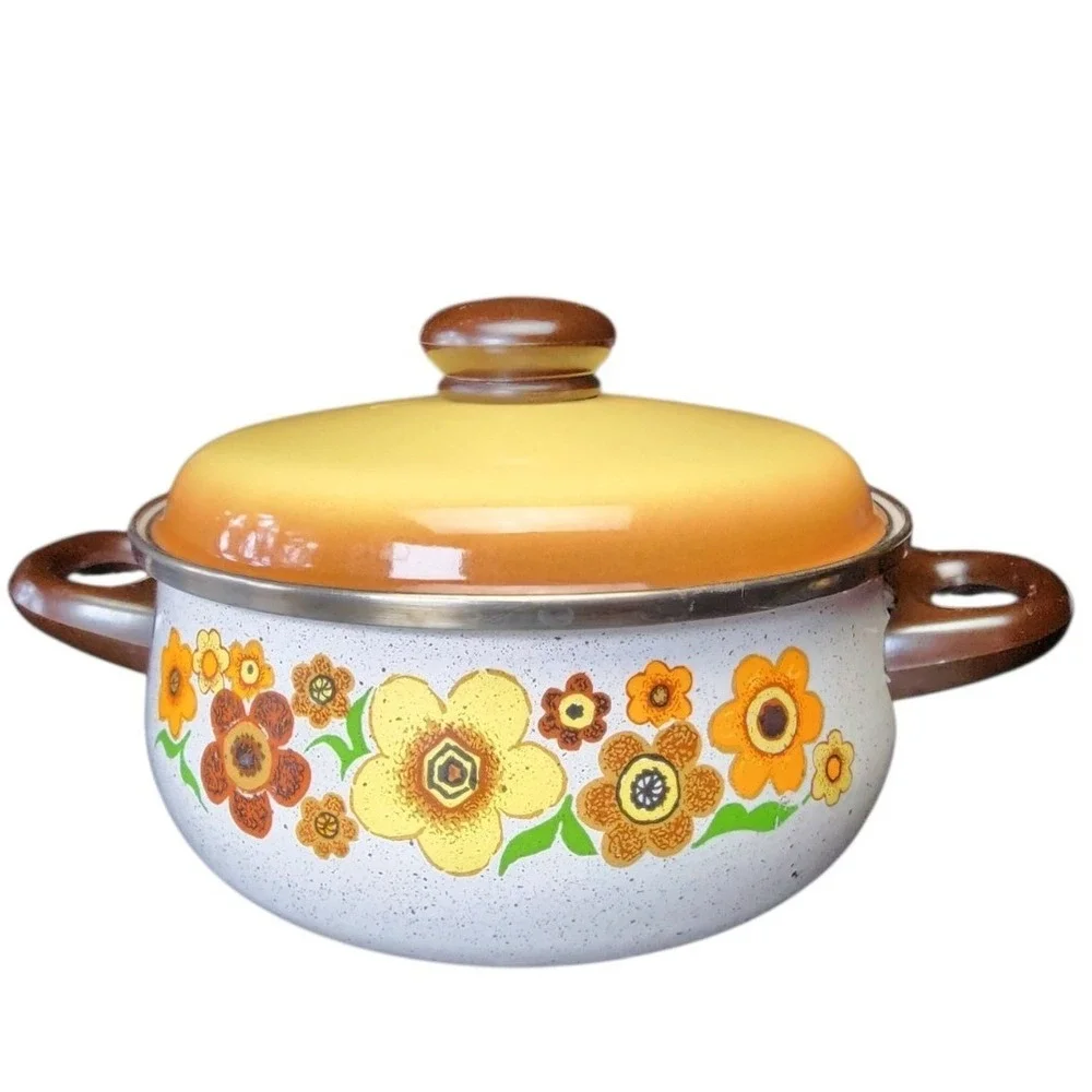 Harvest Blossom 8in Orange Yellow 70s Vintage Floral Enamel Stock Pot Dutch Oven